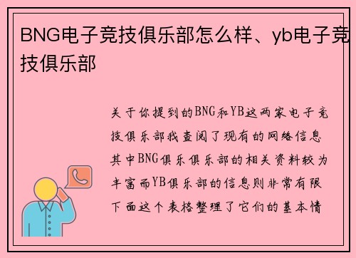 BNG电子竞技俱乐部怎么样、yb电子竞技俱乐部